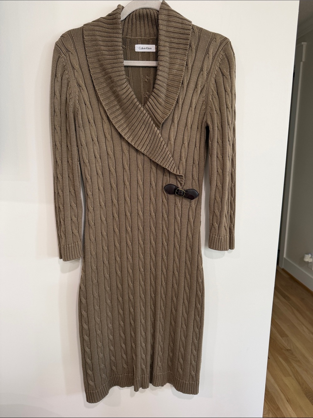 Calvin Klein Taupe Cable-Knit Shawl Collar Sweater Dress